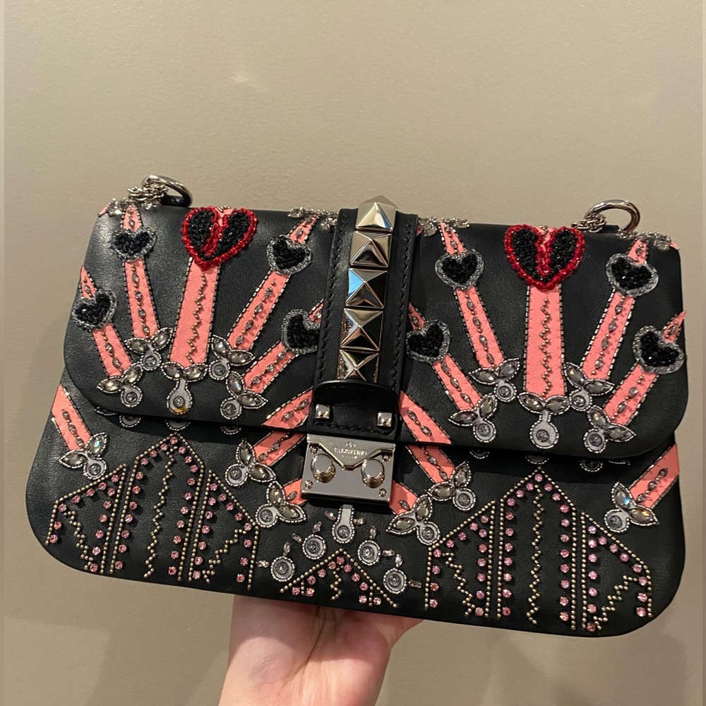 Valentino Studded Glam Lock Medium Bag Limited Edition Sequin Heart Embellished